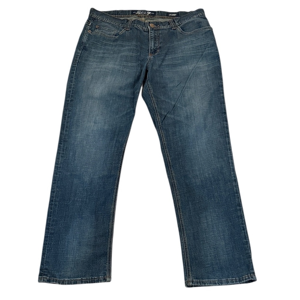 Seven7 Jeans Dark Blue Wash Skinny Stretch Denim Distressed Whiskered 36x31.5
